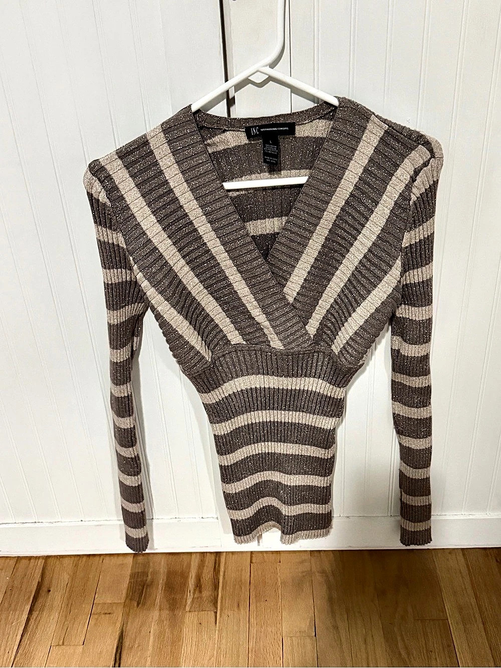 INC International Concepts Striped V-Neck Sweater Brown & Cream